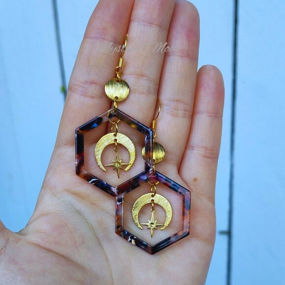 Celestial Dangle Acrylic Earrings Geometric Multi Colored Hexagon Stars & Moon - Picture 5 of 5